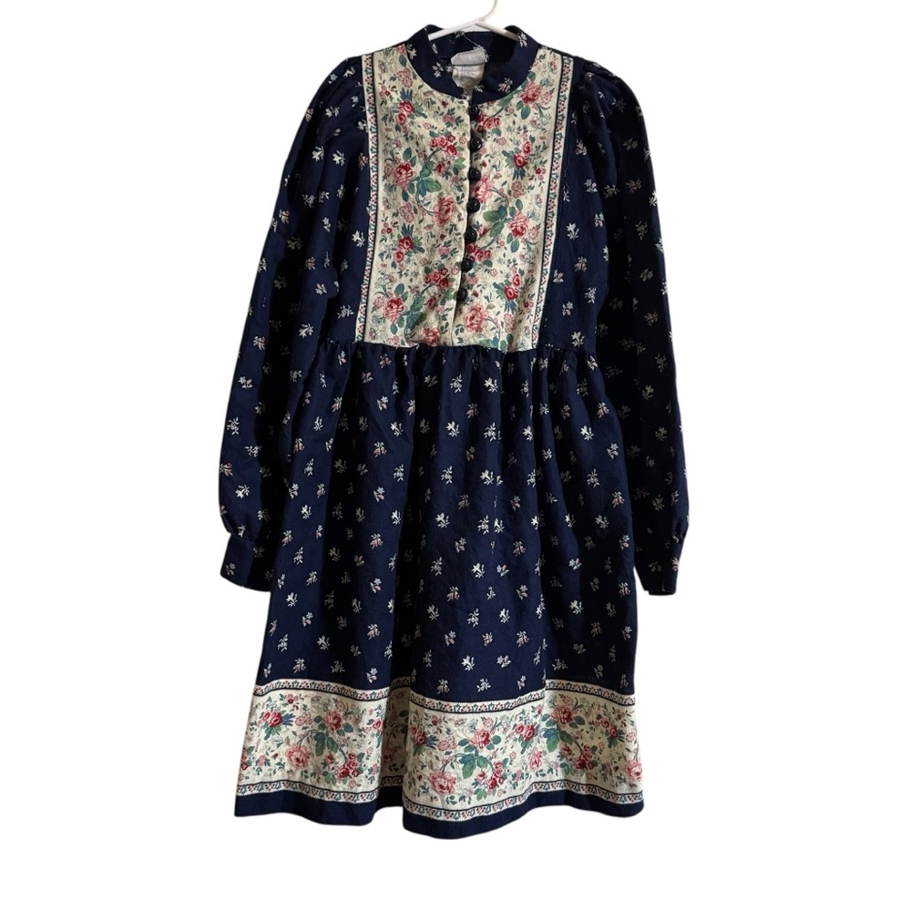 Vintage 70s Cinderella Floral Roses Navy Blue Dress Cottagecore Boho Girls 12